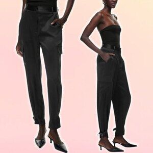 NWT BABATON Aritzia Refine High Waisted Satin Cargo Pant Sz 4 Black